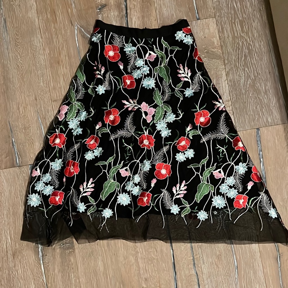 Embroidered Floral Midi Skirt